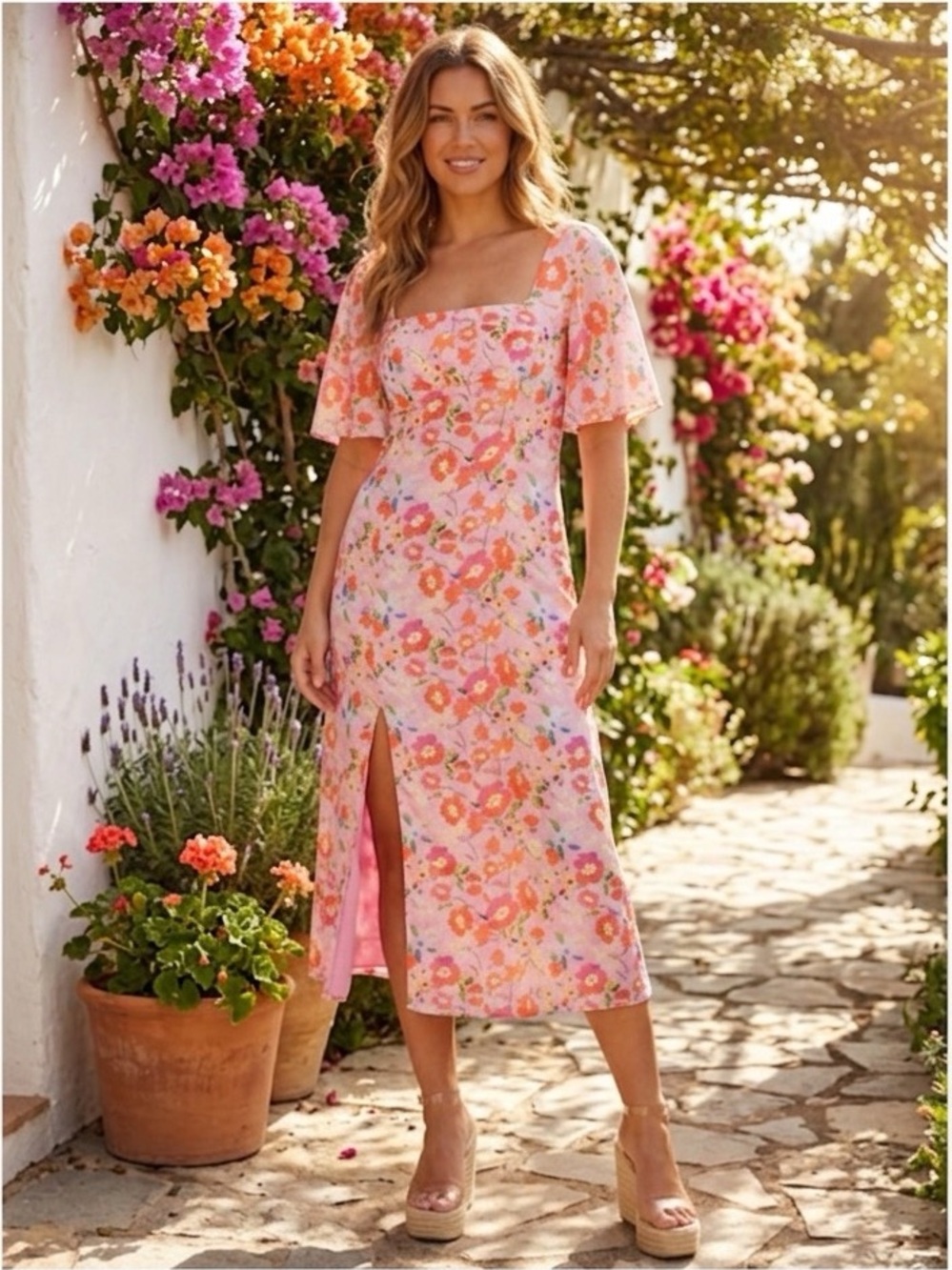 Chi Chi London Pink and Orange Floral Midi Dress Summer Vacation size 10UK